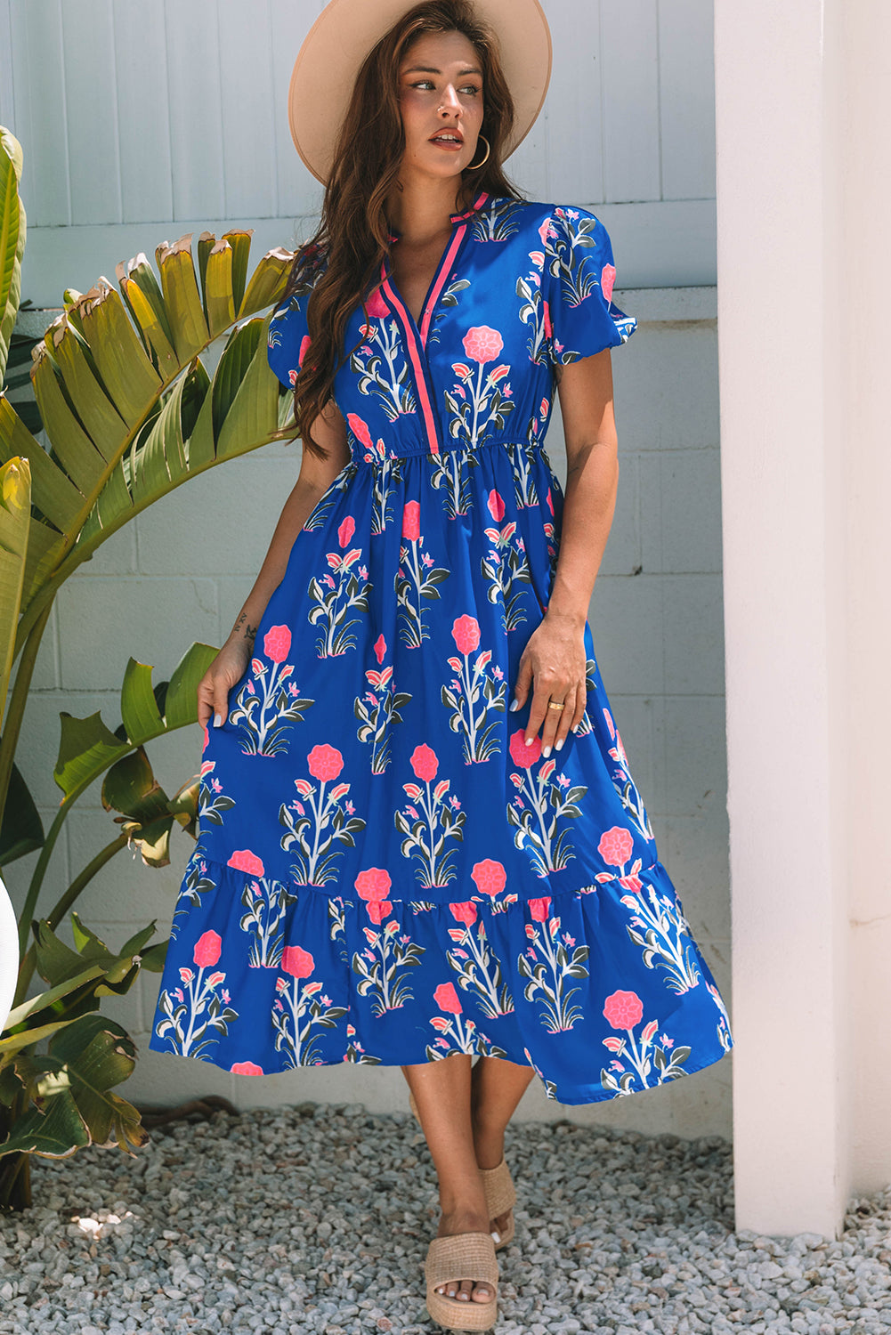 Sky Blue Floral Puff Short Sleeve V Neck High Waist Maxi Dress Millie's Mercantile & Trading Co. Sky Blue Floral Puff Short Sleeve V Neck High Waist Maxi Dress Millie's Mercantile & Trading Co.