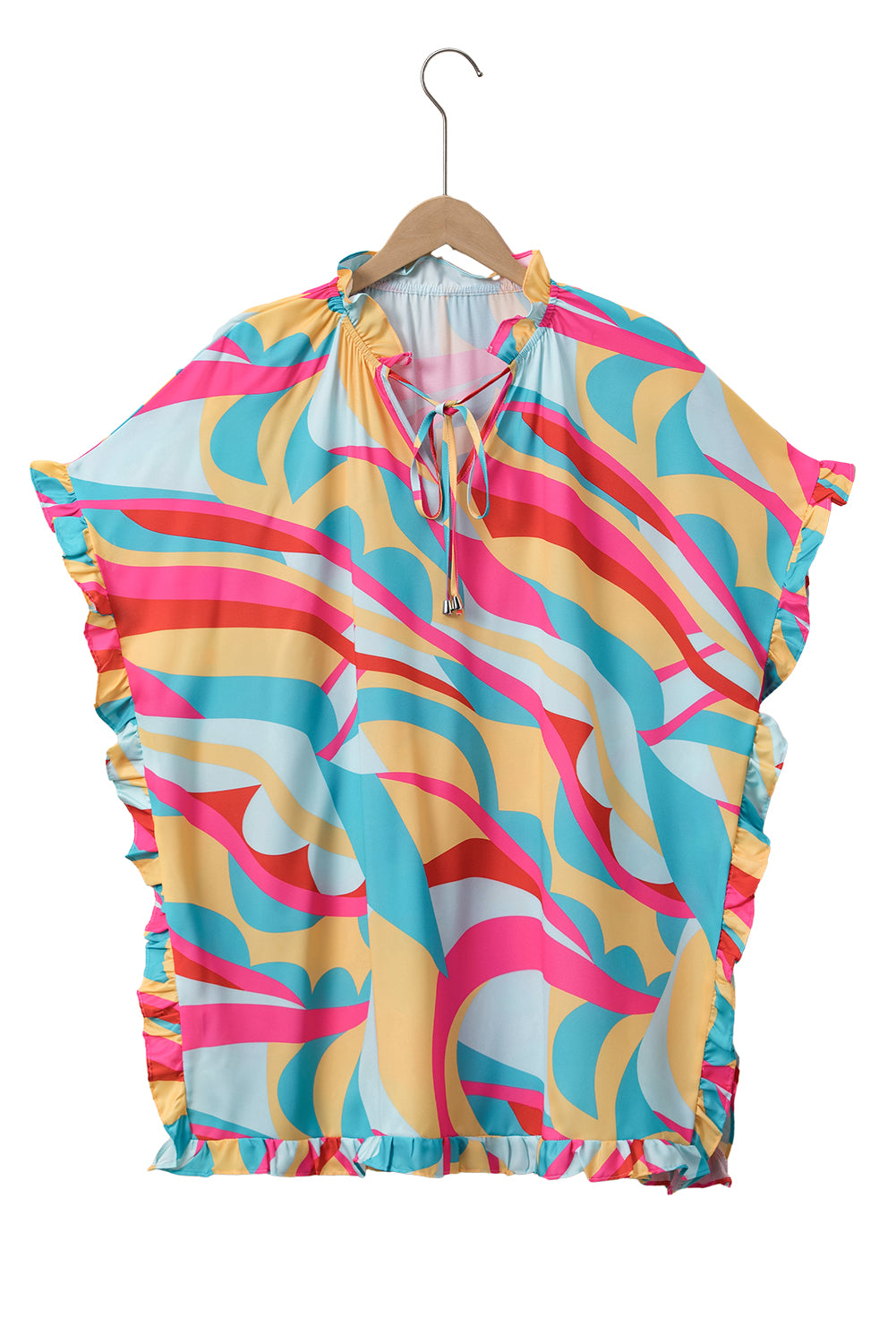 Multicolour Printed Frilled Batwing Sleeve Oversized T Shirt