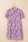 Pink Floral Collared Half Placket Short Sleeve Loose Dress