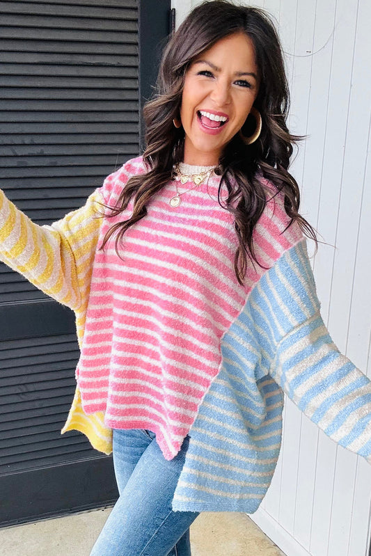 Multicolour Color Block Striped Patchwork Dolman Sleeve Slit Sweater