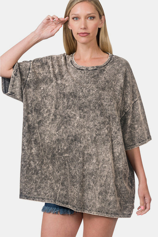 Zenana Washed Round Neck Drop Shoulder Oversized T-Shirt