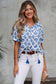 Sky Blue Geometric Print Tassel Drawstring V Neck Blouse