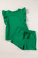 Bright Green Textured Ruffled Sleeve Tee and Drawstring Shorts Set