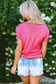 Bright Pink Corded Flower Embroidery Short Sleeve Knitwear Top