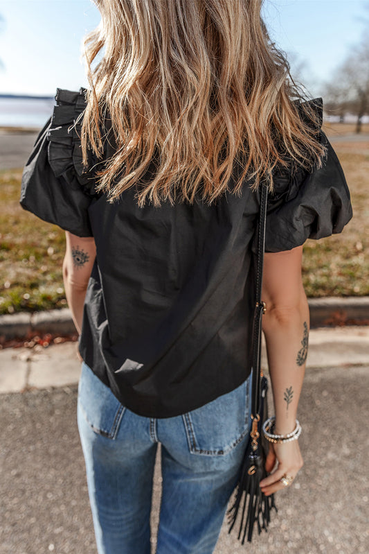 Black Ruffled Puff Short Sleeve Loose Blouse