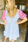 Sky Blue Stripe Contrast Floral Puff Sleeve Tiered Ruffle Dress