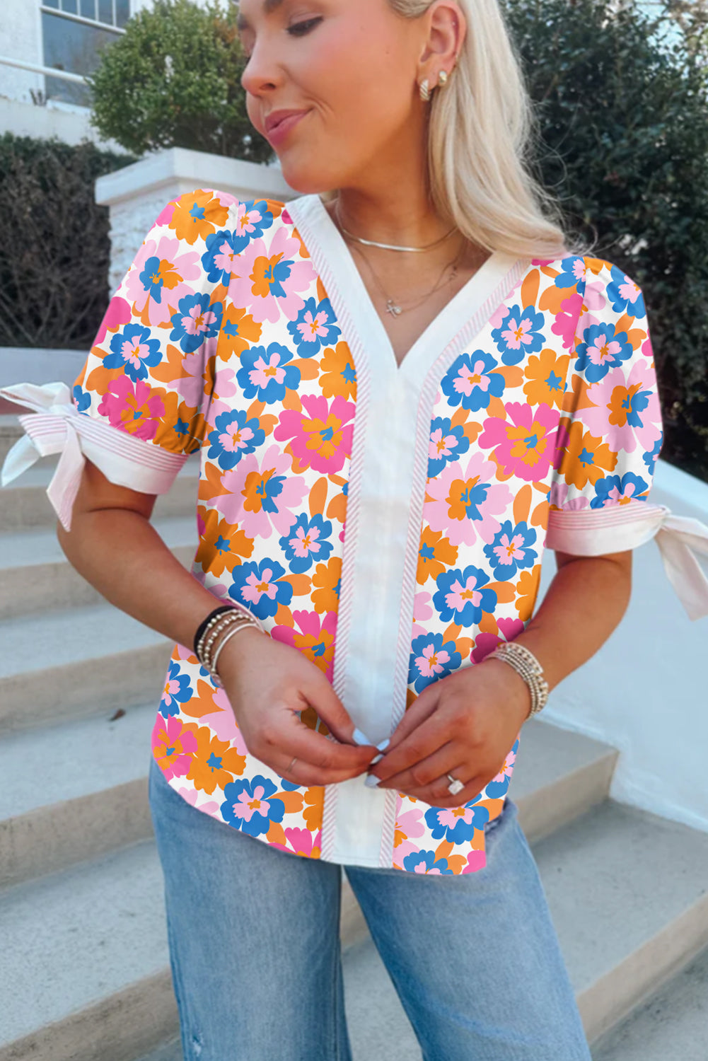 White Floral Colorblock Striped Edge V Neck Knotted Short Sleeve Blouse