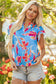 Sky Blue Floral Print V Neck Pompom Trim Flutter Sleeve Blouse