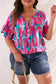 Rose Plus Brushstroke Ruffle Sleeve Button V Neck Blouse