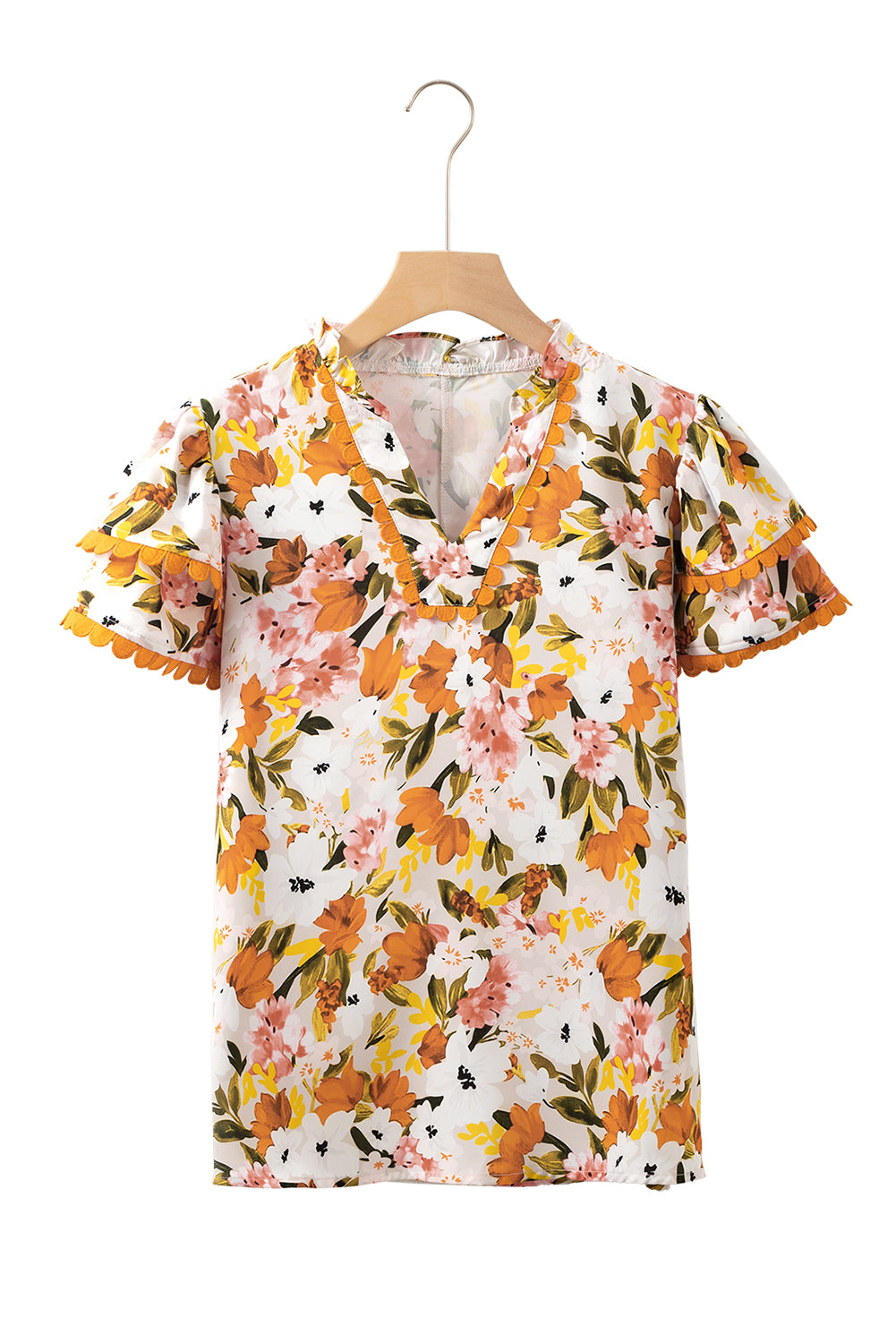 Russet Orange Ruffled V Neck Scalloped Short Sleeve Floral Blouse