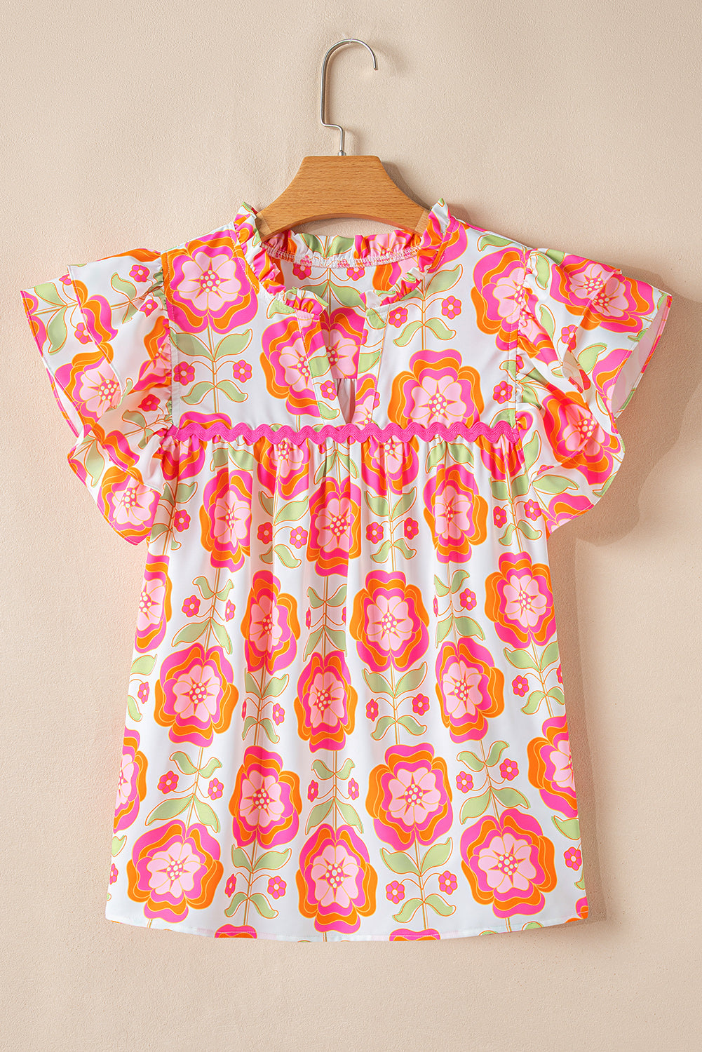 Rose Floral Ruffled Sleeve Ric-rac Trim Split Neck Loose Blouse