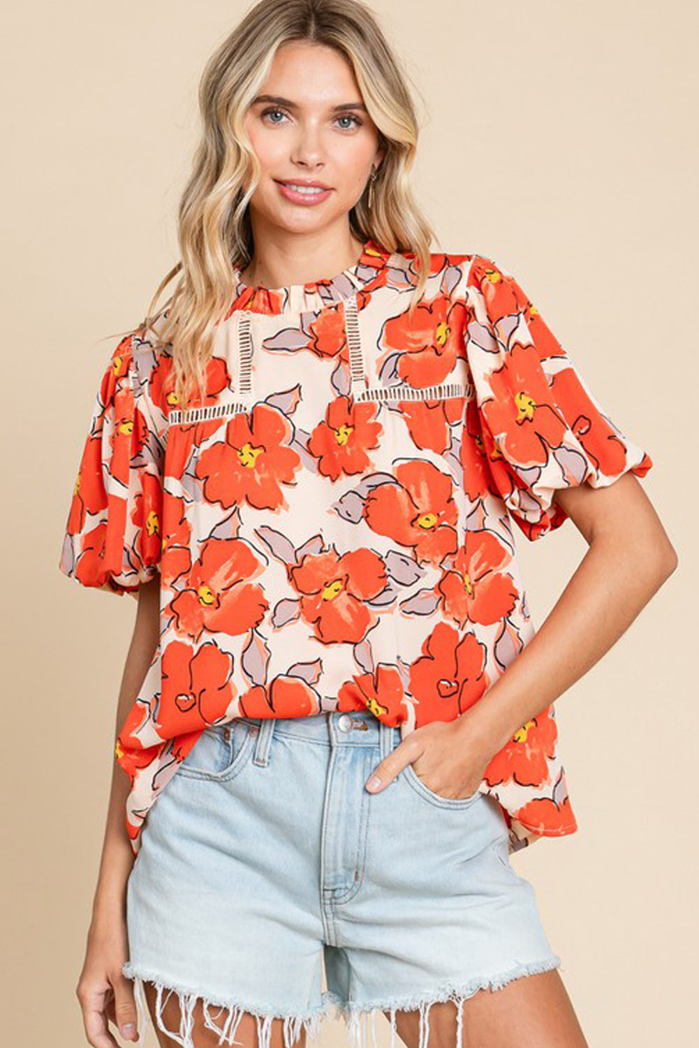 Orange Floral Bubble Sleeve Frill Neck Loose Blouse