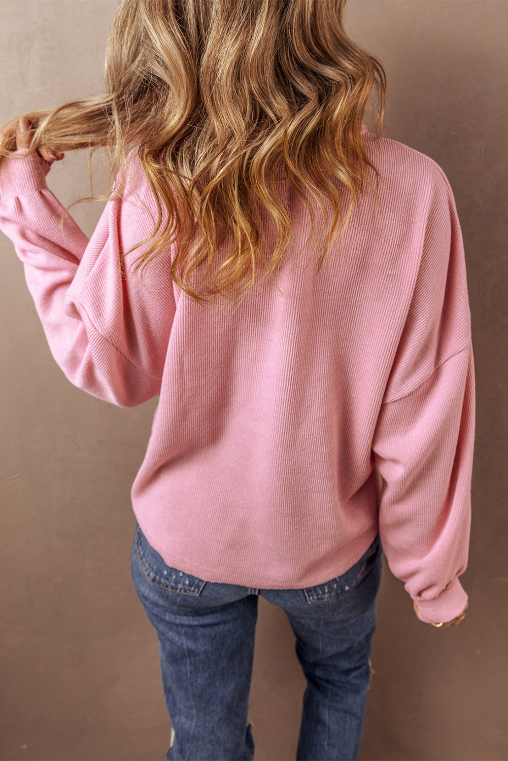 Pink Ribbed Knit Collared Henley Top with Chest Pocket