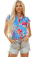 Sky Blue Floral Print V Neck Pompom Trim Flutter Sleeve Blouse