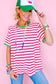 Rose Stripe Contrast Trim Crew Neck Loose Short Sleeve Top