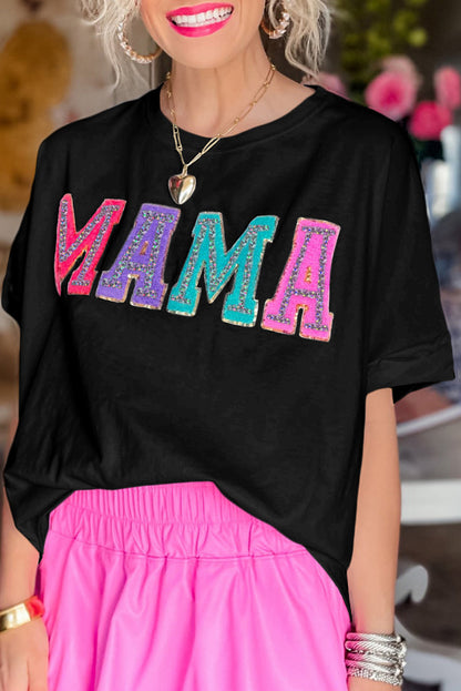 Black MAMA Chenille Patched Crew Neck T Shirt