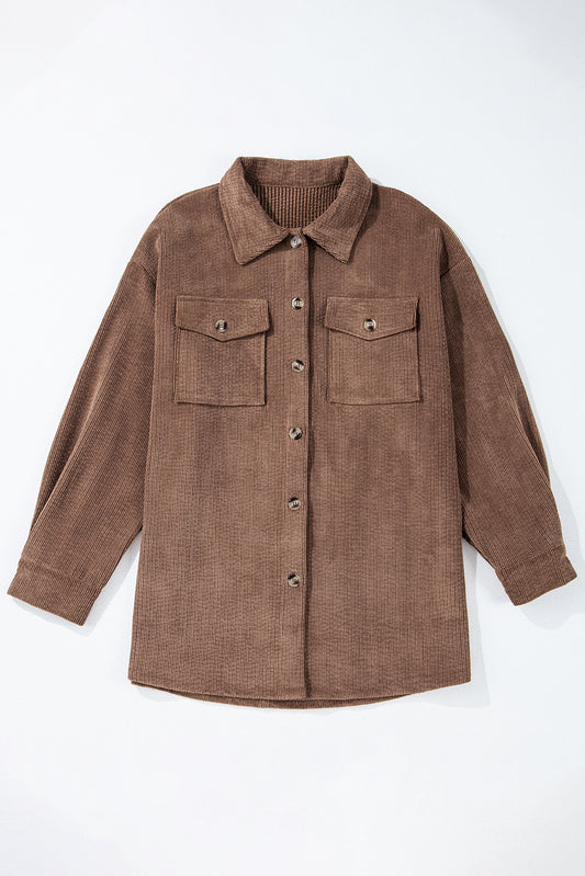 Chestnut Corduroy Flap Pocket Button Up Shacket