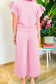 Pink Textured Ruffled Sleeve Zipped Top and Wide Leg Pants Set