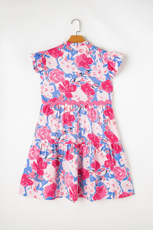 Pink Floral Printed V Notched Ric Rac Flutter Sleeve Dress