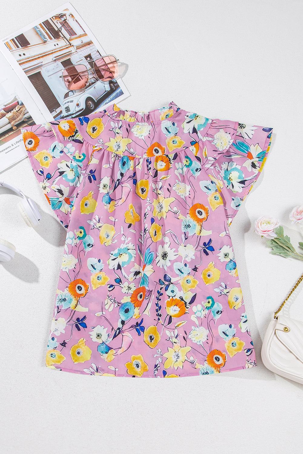 Pink Flutter Sleeve V Neck Floral Top