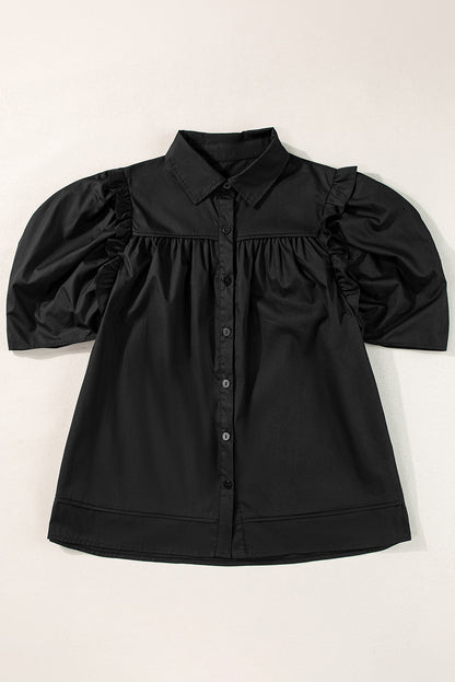 Black Crisp Puff Sleeve Loose Shirt