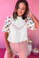 White Embroidered Smocked Neck Puff Sleeve Top