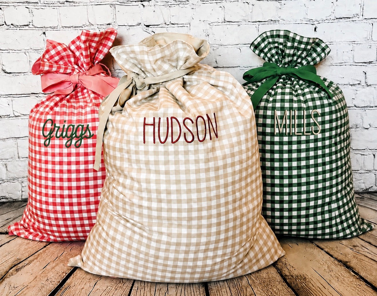 Personalized Embroidered Gingham Gift Sacks