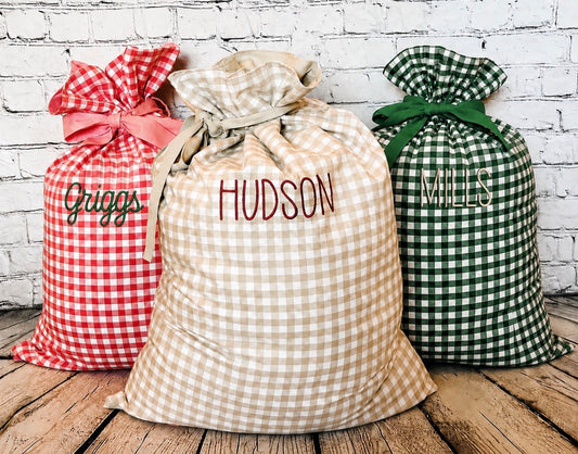 Personalized Embroidered Gingham Gift Sacks