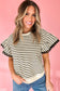 Black Stripe Scallop Lace Trim Ruffle Short Sleeves Crewneck Top