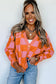 Orange Checkered Drop Shoulder Buttoned V Neck Cardigan