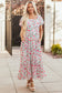 Pink Floral Puff Sleeve Square Neck Empire Waist Tiered Maxi Dress