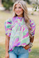 Green Abstract Print Bubble Sleeve Smock Detail Blouse