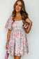 Pink Floral Puff Sleeve Square Neck Smock Ruffled Dress