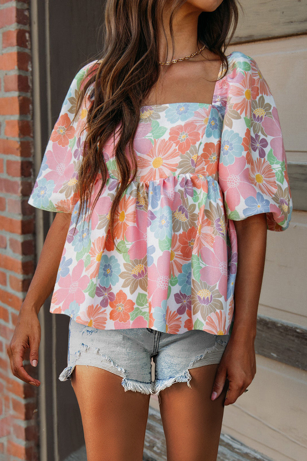 Pink Floral Puff Sleeve Square Neck Babydoll Blouse