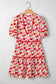 Red Floral Puff Sleeve Tiered Ric Rac Pocketed Mini Dress