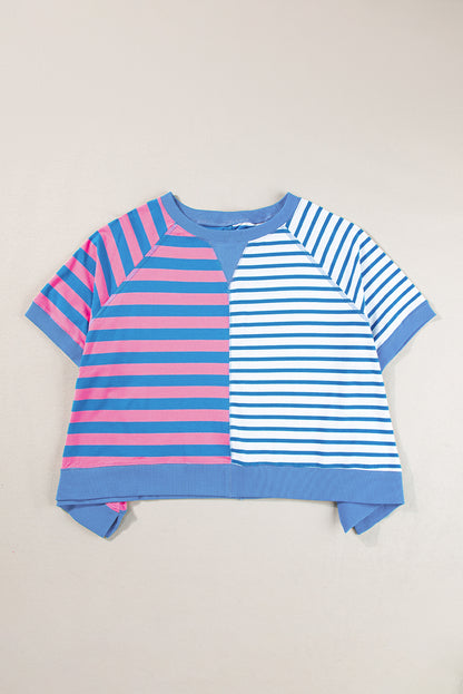 Blue Stripe Contrast Patchwork Oversized T Shirt