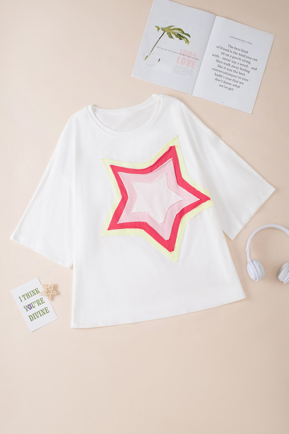 White Colorblock Star Patched Half Sleeve Oversized Tee