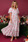 Pink Floral Puff Sleeve Square Neck Empire Waist Tiered Maxi Dress