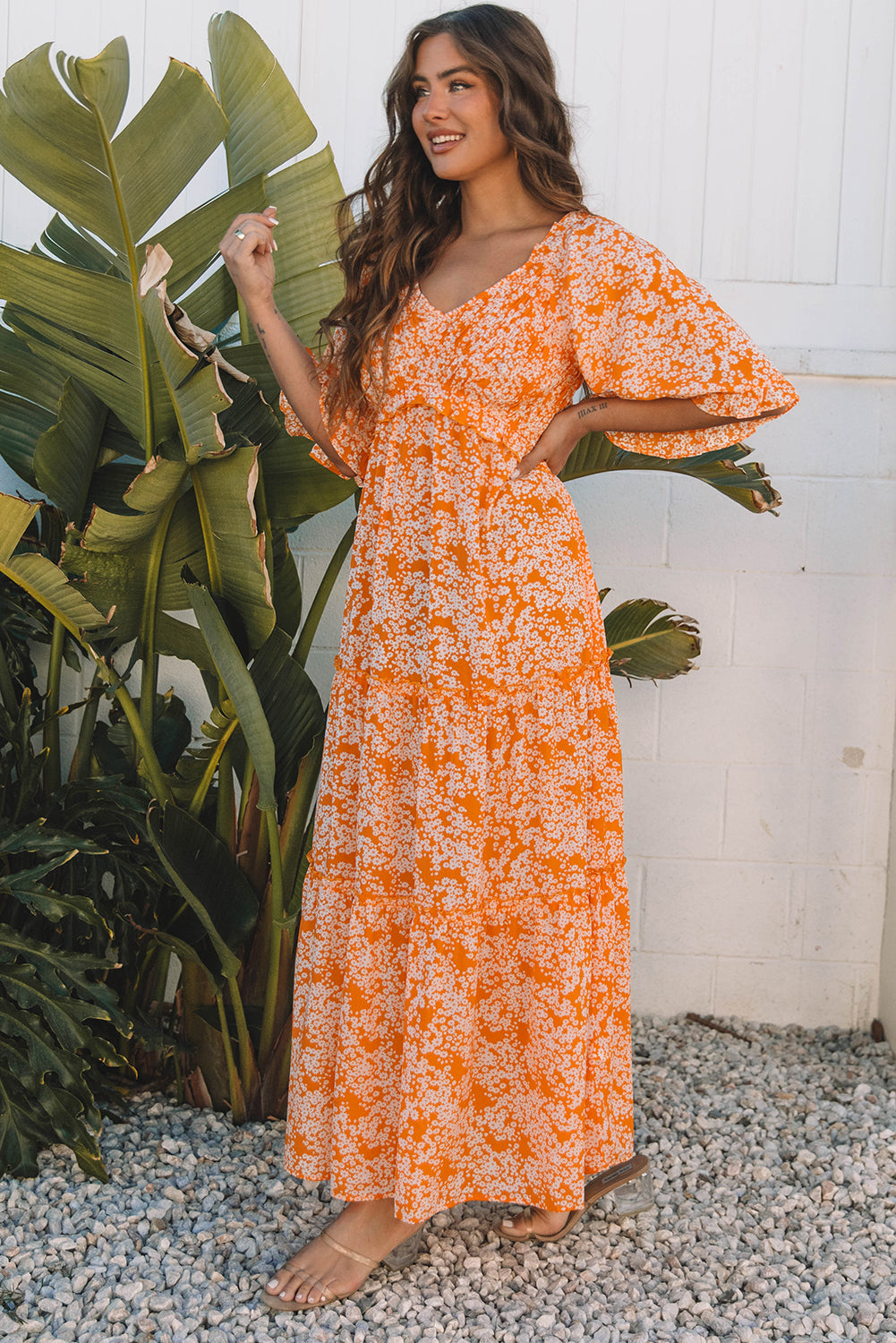 Orange Floral Print Smocked V Neck Wide Sleeve Maxi Dress – Millie's Mercantile & Trading Co Orange Floral Print Smocked V Neck Wide Sleeve Maxi Dress – Millie's Mercantile & Trading Co