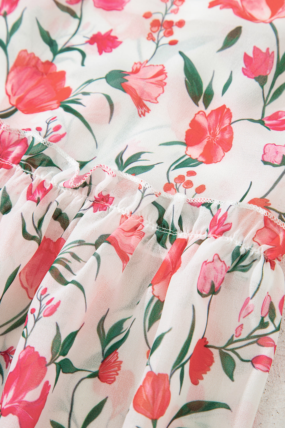 Pink Floral Puff Sleeve Square Neck Empire Waist Tiered Maxi Dress