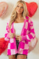 Rose Red Checkered Printed Ribbed Trim Open Front Cardigan