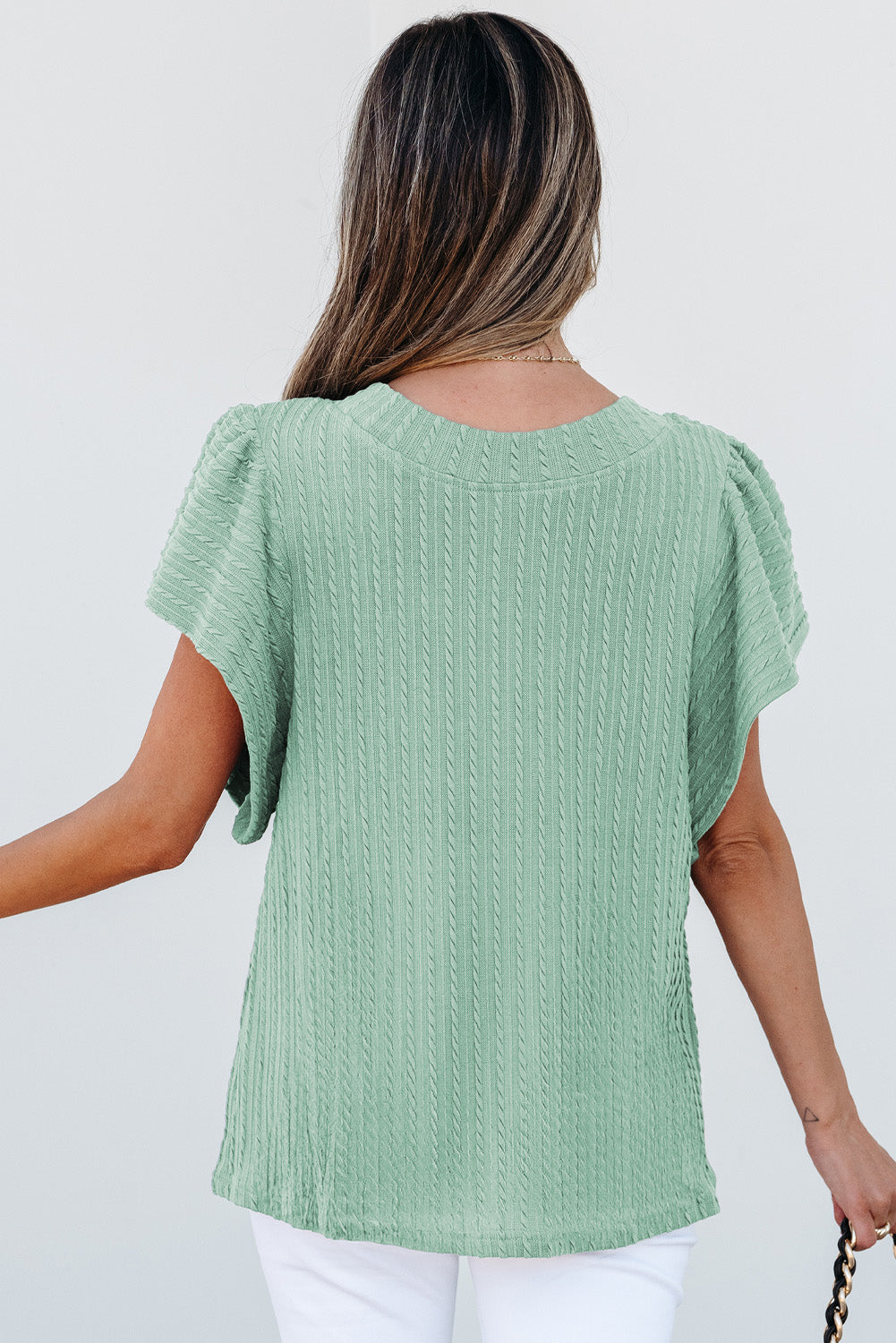 Moonlight Jade Solid Color Textured Flutter Sleeve Top