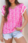 Pink Floral Print Ric-rac Tiered Ruffled V Neck Blouse
