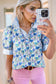 Sky Blue Floral Print Striped Patchwork Collared Short Sleeve Blouse