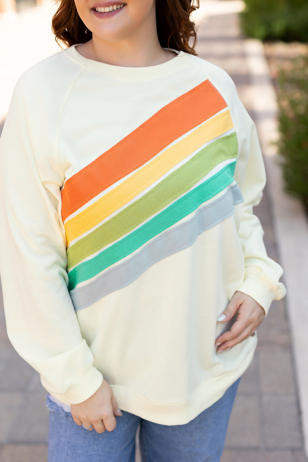 white Rainbow Raglan Sleeve Crew Neck Plus Size Sweatshirt