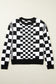 Black Checkered Print Drop Shoulder Round Neck Sweater