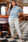 Green Floral Print Colorblock Edge Puff Sleeve Split Neck Plus Size Blouse