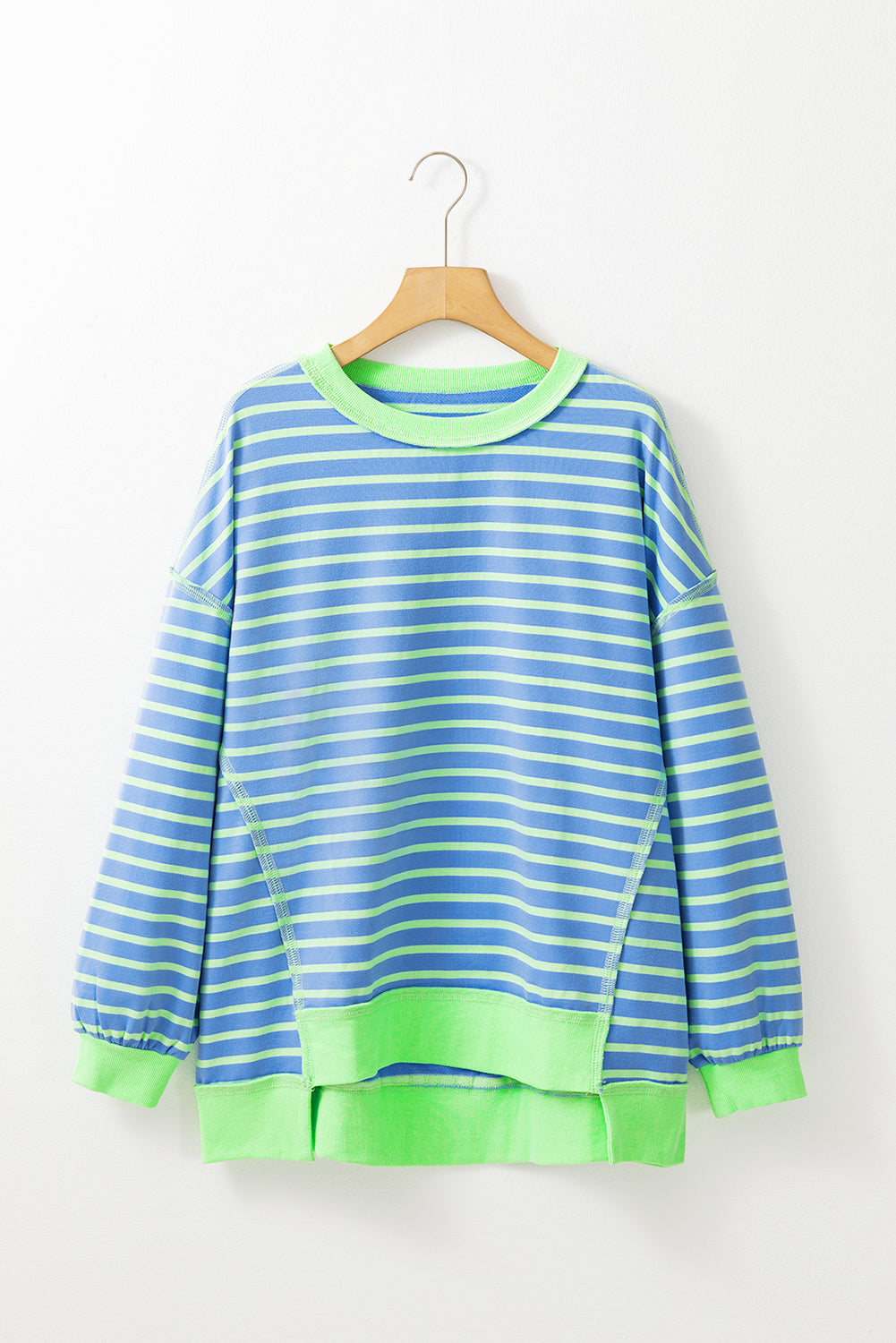 Sky Blue Stripe Contrast Trim High Low Pullover Tunic Sweatshirt