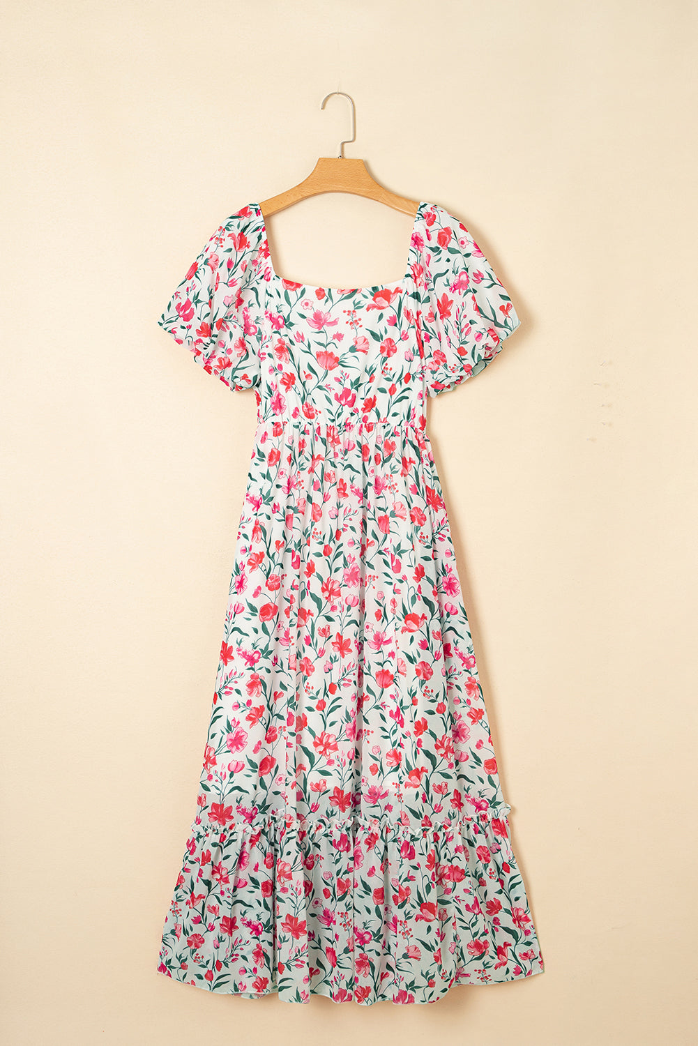 Pink Floral Puff Sleeve Square Neck Empire Waist Tiered Maxi Dress