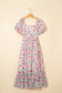 Pink Floral Puff Sleeve Square Neck Empire Waist Tiered Maxi Dress